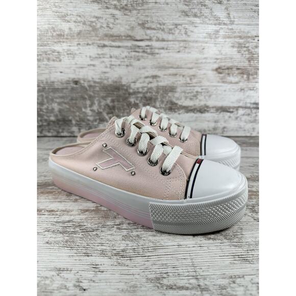 Women's Vintage Tommy Hilfiger Pink Canvas Platform Slip-On Mules Sz 7.5M - Picture 1 of 13